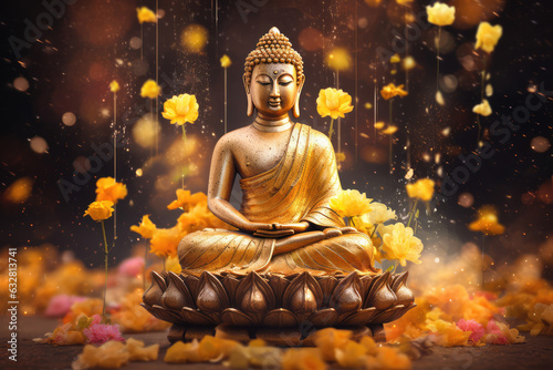 Lotus flowers and gold buddha statue  generative AI  