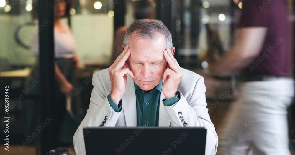 Stress, multitasking and senior businessman with headache from team pressure, chaos and fatigue in office. Crisis, fail or corporate manager with anxiety, mistake and migraine with documents or audit