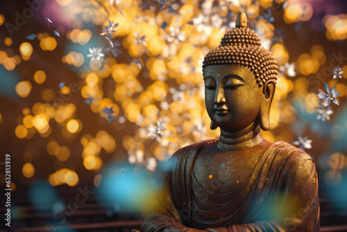Lotus flowers and gold buddha statue, generative AI   © Kien
