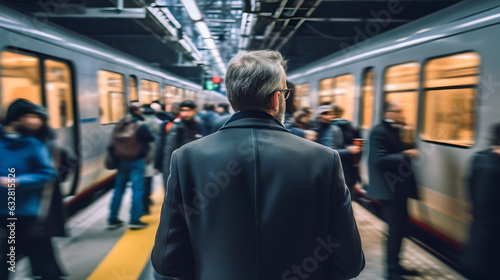 Man from behind standing at busy subway with blurry people around. Public transport people travel commute city urban concept