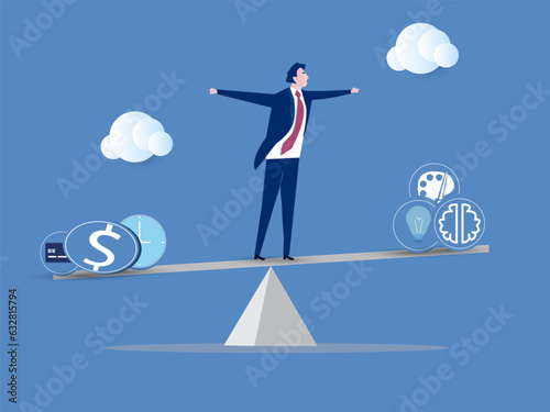 Balance at Work Concept. Businessman Character Balancing on Huge Seesaw with Different Values Time, Money, Finance Freedom, Hobby or Self Development, Education.  People Vector Illustration