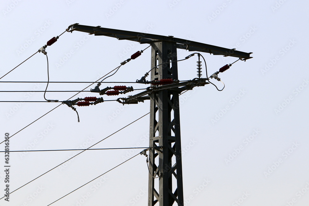 Power electric pole with line wires on insulators. Power electric pole with line wires on insulators.