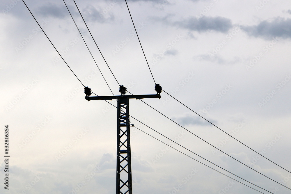 Power electric pole with line wires on insulators. Power electric pole with line wires on insulators.