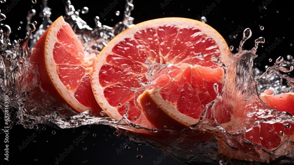 fresh grapefruits splashed with water on black and blurred background fresh grapefruits splashed with water on black and blurred background