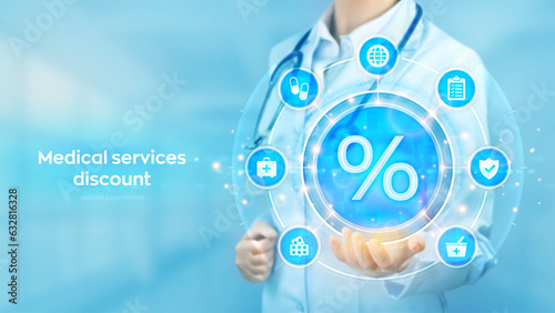 Medical services discount concept. Interest discounts on medicines in a pharmacy. Doctor holding in hand percent sign and medicine icons network connection on virtual screen. Vector illustration.