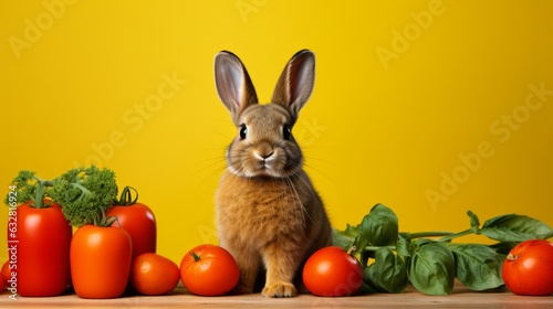 Photo of a cute rabbit surrounded by juicy tomatoes created with Generative AI technology