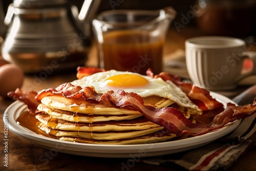 Stack of pancakes with bacon and egg on rustic wooden table. Rustic farmhouse breakfast spread with pancakes and bacon.