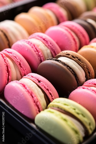 Close-up of macarons cakes of different colors . Culinary and cooking concept. Generative AI