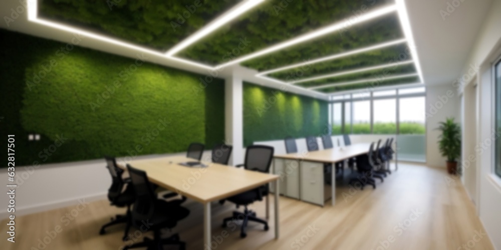 Blurred sustainable green office interior, future sustainable business. Zero carbon, Carbon Neutrality, and Net zero emissions concept.