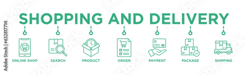 Shopping and delivery banner web icon vector illustration concept with icon of online shop, search, product, order, payment, shipping	