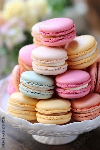 Close-up of macarons cakes of different colors . Culinary and cooking concept. Generative AI