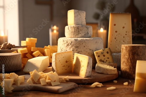 Assortment of cheese on wooden table, closeup. Dairy products. Cheese Selection. Large assortment of international cheese specialities.
