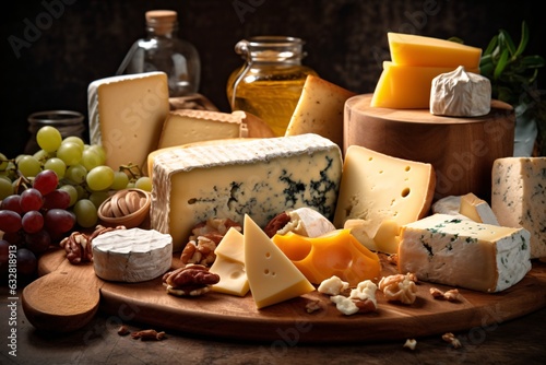 Assortment of cheese on wooden table, closeup. Dairy products. Cheese Selection. Large assortment of international cheese specialities. © vachom