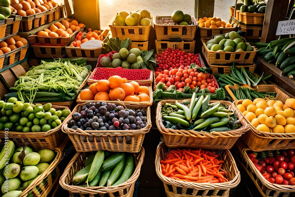 Stack of colorful woven baskets filled with fresh fruits and vegetables from a farmer's market