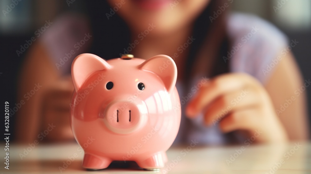 Close up piggybank standing on table with blurred happy girl on background. Friendly biracial family planning future investment or saving money. Close up piggybank standing on table with blurred happy girl on background. Friendly biracial family planning future investment or saving money.