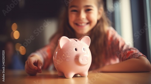 Close up piggybank standing on table with blurred happy girl on background. Friendly biracial family planning future investment or saving money.