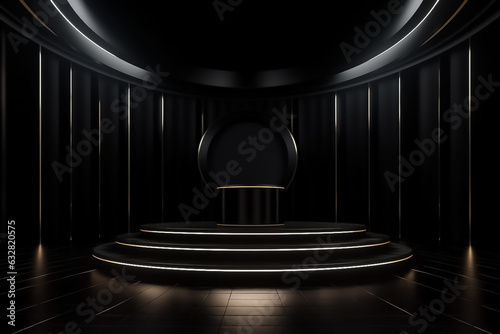 Black Display mock up 3D luxury stage with LED light and simple shape decoration around it. generative AI