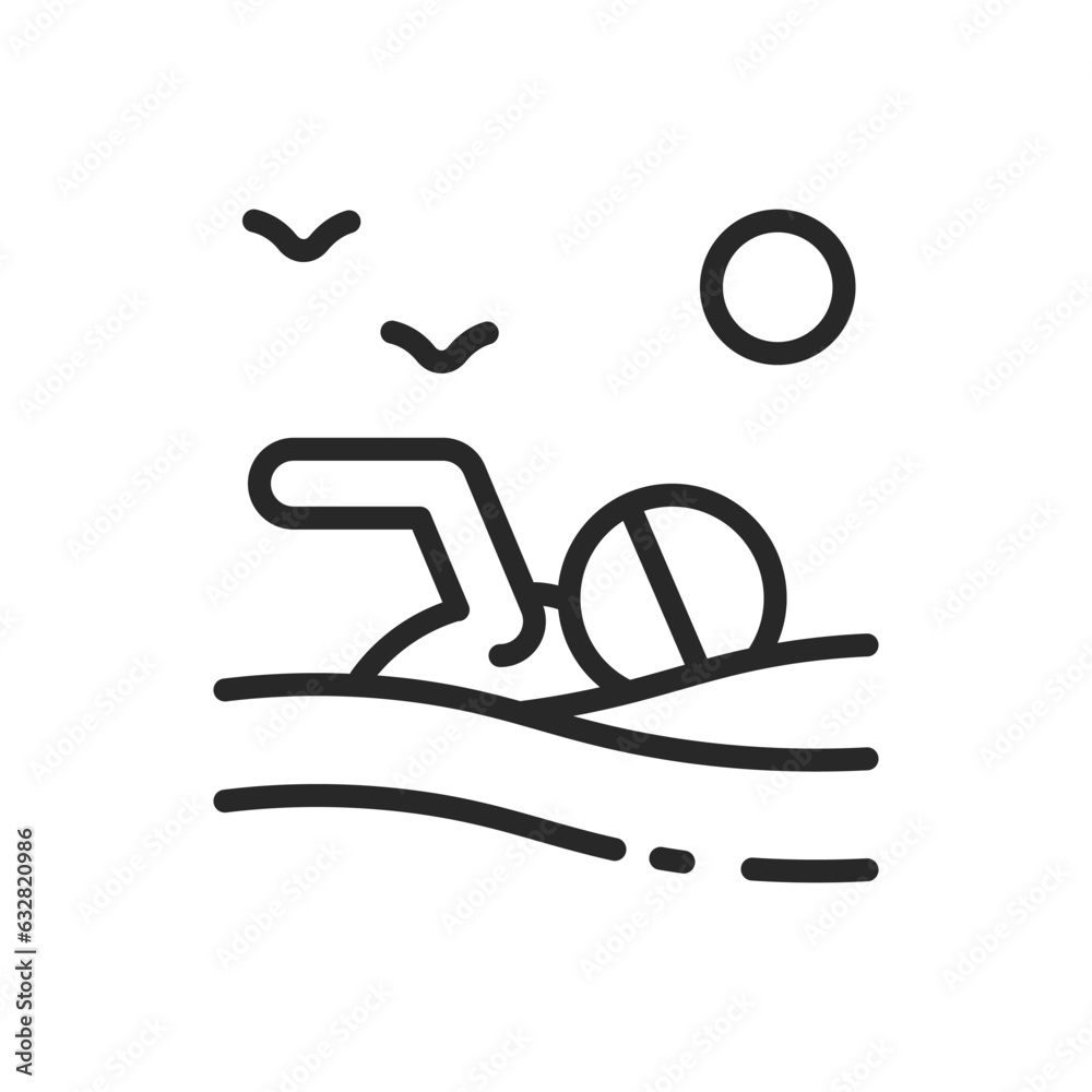 Sea Swimming Icon. Vector Outline Editable Sign of Ocean Splash and Vacation Activity. Linear Minimal Illustration for Relaxing Beach Summer Trip and Water Sport Adventures.