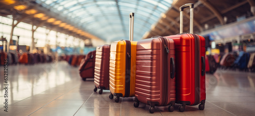Line of luggage in an airport or bus station or train station. Travel,holidays concept.