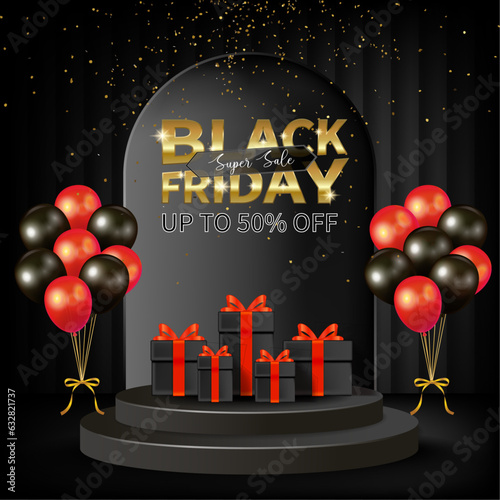 Modern black friday sale stand, background, poster, banner for business sale with balloons and gifts