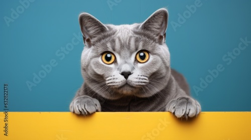 Photo of a curious gray cat peering over a vibrant yellow ledge created with Generative AI technology