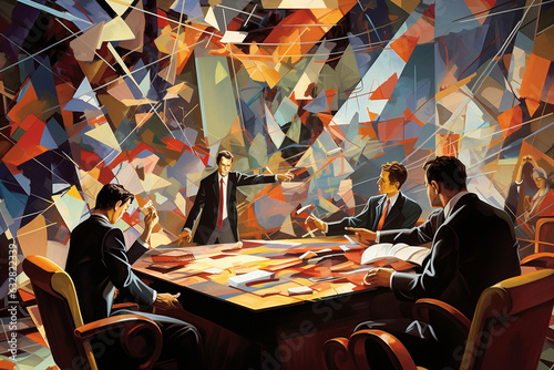 Cubism Finance: Fragmented Trading Floor with Dynamic Stock Changes.