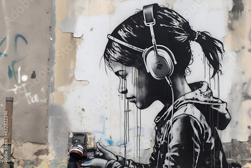 Black and white street art of a girl with headphones painted on cracked walls