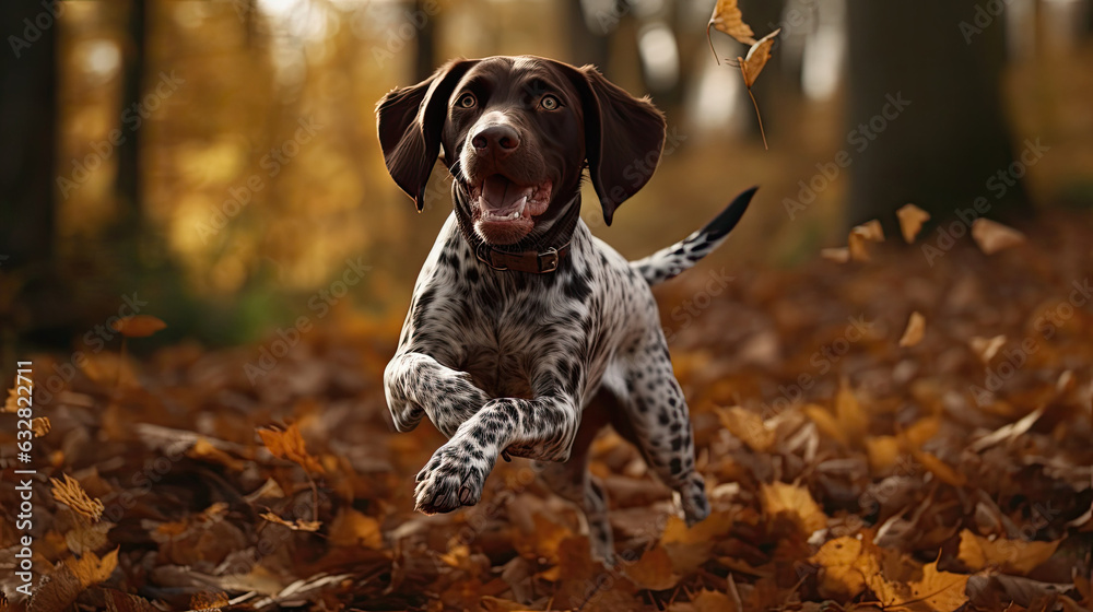 Dog German Shorthaired Pointer jump over the leaves autumn