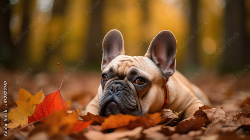 French Bulldog dog lying with a leaf on fall autumn