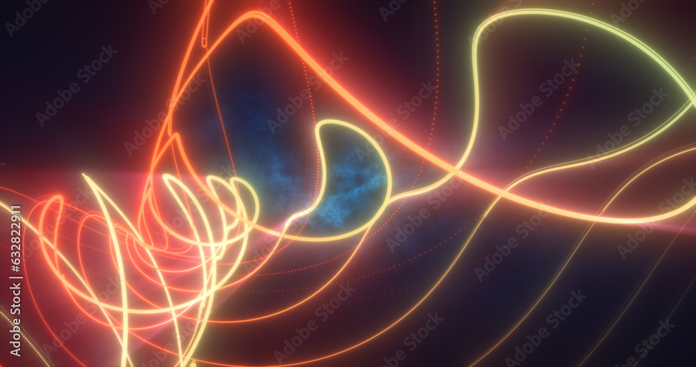 Abstract yellow glowing neon energy laser lines flying on a black background