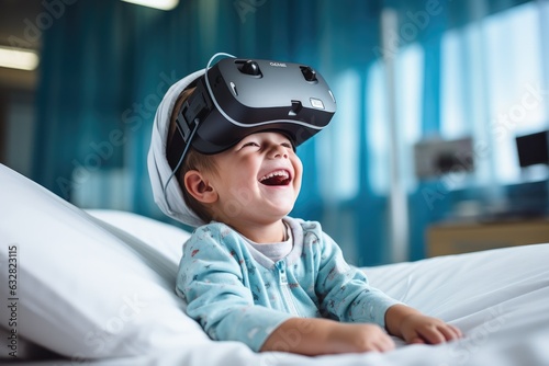 Boy wearing virtual reality headset. VR goggles innovation technology. Generative AI