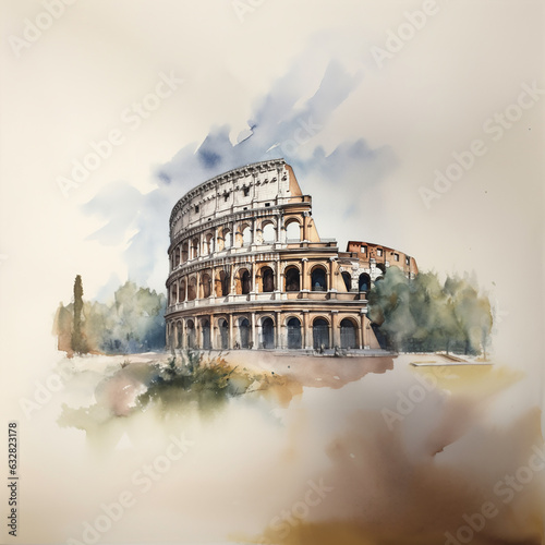 Coliseum  watercolor illustration  Rome  Italy. AI generative