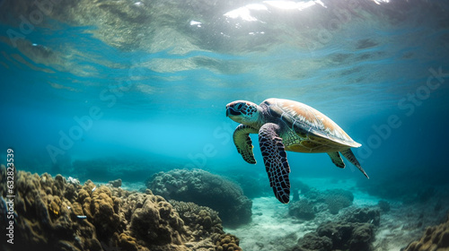 scuba diver explores turtle in tropical sea, ocean. Activity on vacation, holiday scene with underwater world adventure theme background  © IMAGINIST