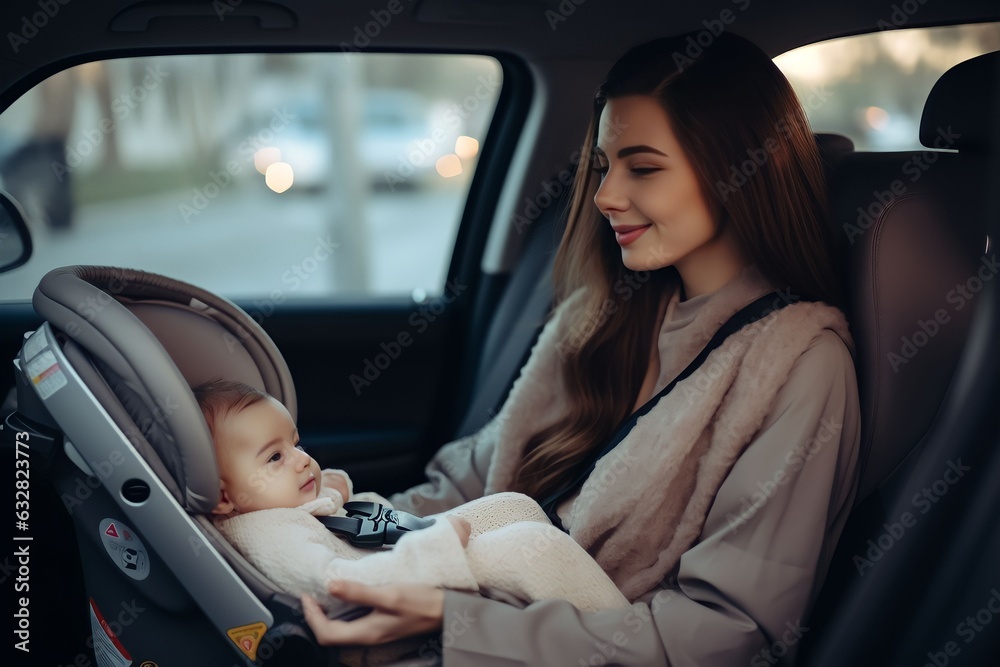 beautiful young mother looking at her newborn baby boy sitting in baby car seat