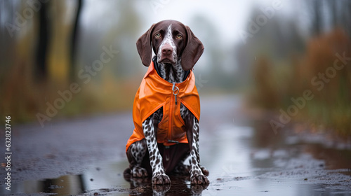 funny German Shorthaired Pointer dog posing in a raincoat outdoors