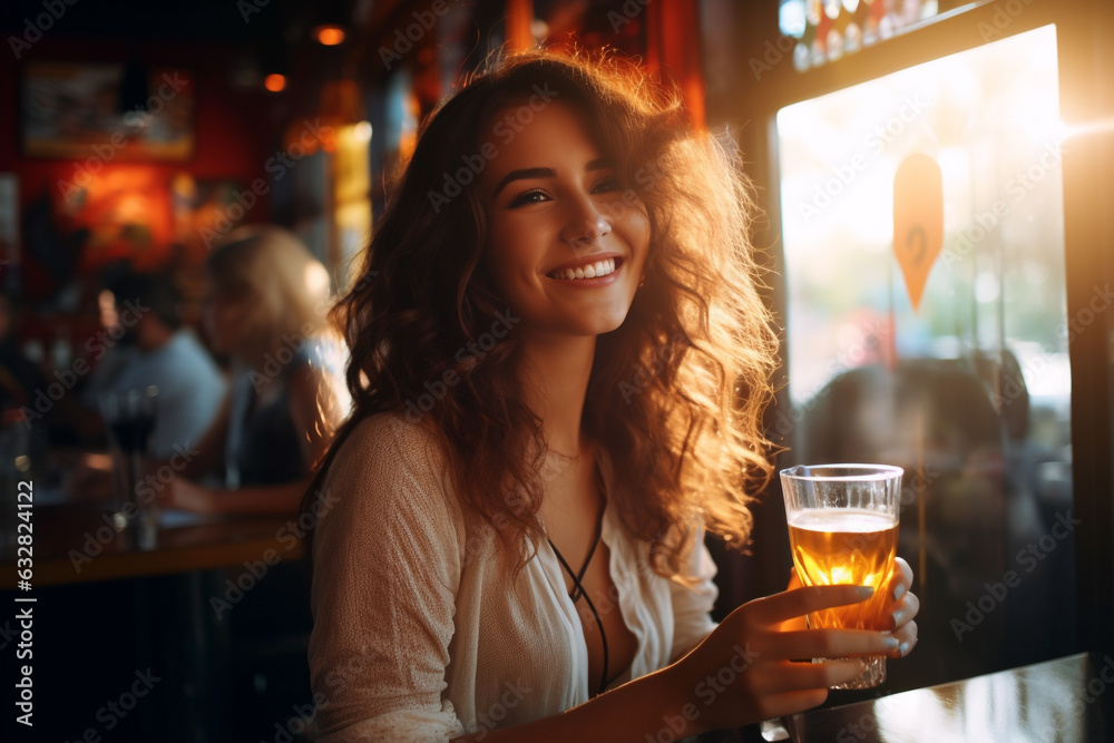 Pretty woman in bar drinking beer smiling happy