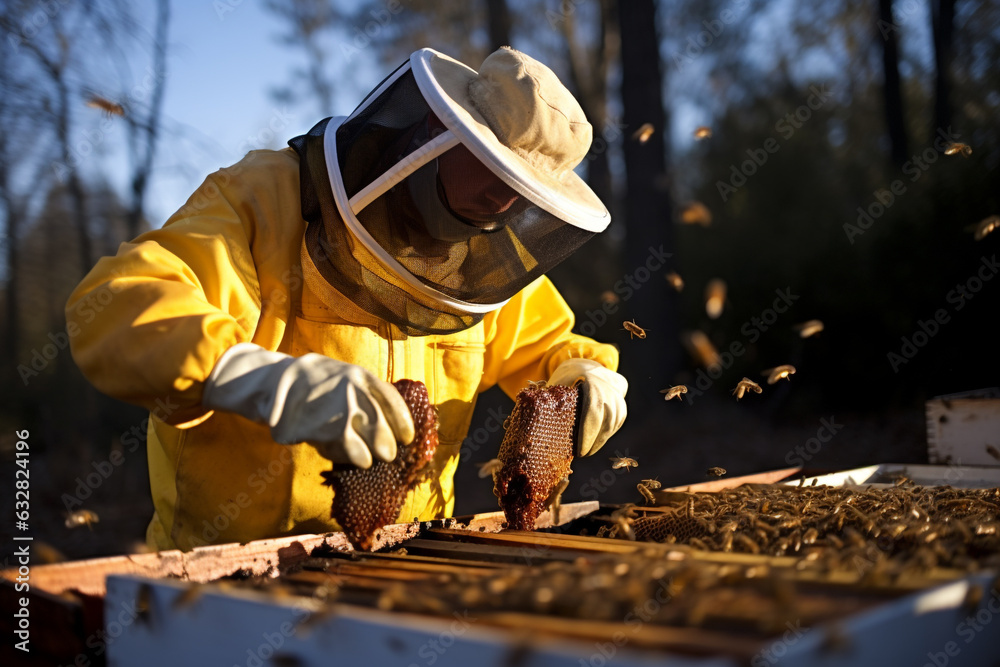 A beekeeper extracts honey from a bee hive A beekeeper extracts honey from a bee hive