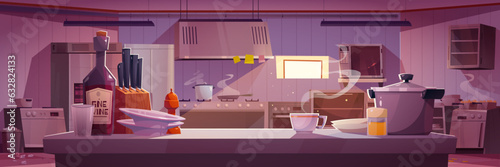Restaurant kitchen interior with professional equipment and furniture. Vector cartoon illustration of large room with dishes and bottles on table, fridge, oven, microwave, steam over pans on cooker