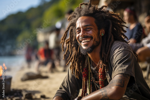 Jamaican black man with dreadlocks happy on the beach photo