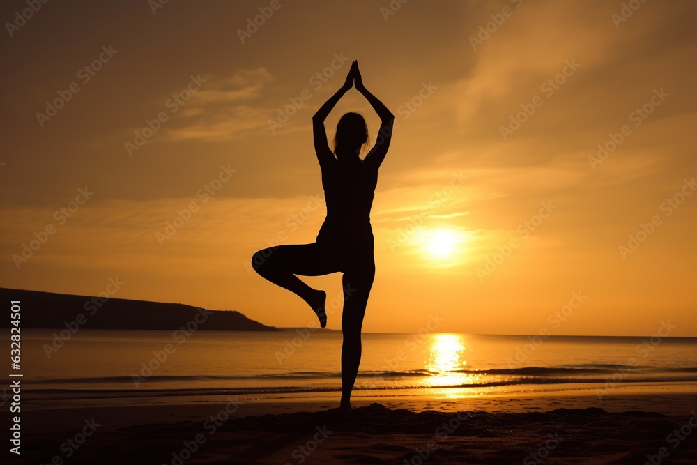 Silhouette illustration. Asian woman practicing yoga on the beach at sunset. Meditation. Exercise.