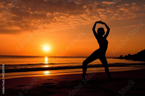 Silhouette illustration. Asian woman practicing yoga on the beach at sunset. Meditation. Exercise.