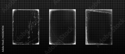 Old paper edge cover vintage grunge overlay frame on black background. Retro music poster or scratch photo effect isolated set. Empty white grange rectangular distressed surface material texture