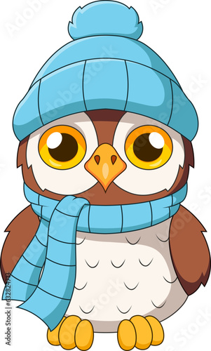 Cute owl mascot cartoon with scarf and winter hat
