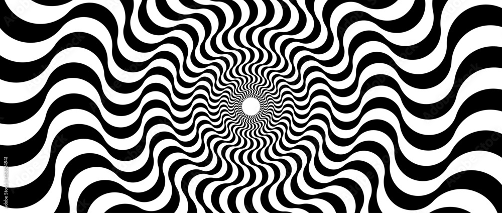 Optical illusion background. Black and white abstract distorted wavy lines surface. Radial waves poster design. Trippy sunburst illusion wallpaper. Vector horizontal hypnotic illustration