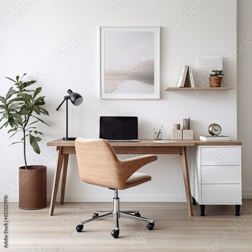 Modern home office with wooden desk and office chair against the white wall. The Scandinavian interior design of a modern living room with a comfortable workplace. Generative AI