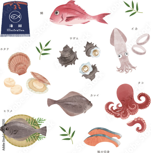 いろいろな魚の水彩風イラストセット（3）
