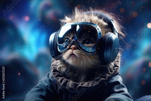 Cat wearing VR headset, surreal galaxy cosmic and colorful background. Generative AI © itchaznong
