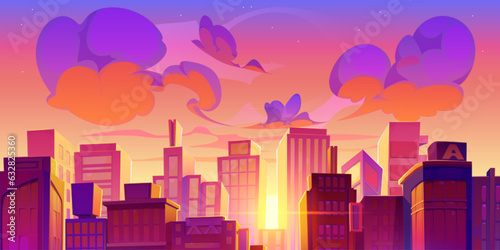 Sunrise over modern city downtown with skyscrapers. Vector cartoon illustration of early morning urban landscape, high-rise apartment houses and office buildings, pink sky with stars and purple clouds