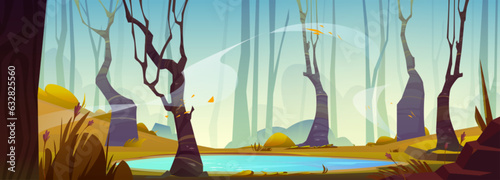 Small lake in autumn forest. Vector cartoon illustration of blue pond surrounded by old trees with yellow foliage, leaves flying in air, flowers, orange grass, stones on ground, blue sky background