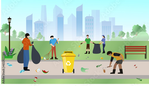 people clean up city park vector illustration, volunteers cleaning up city park from waste and trash, dirty park website concept